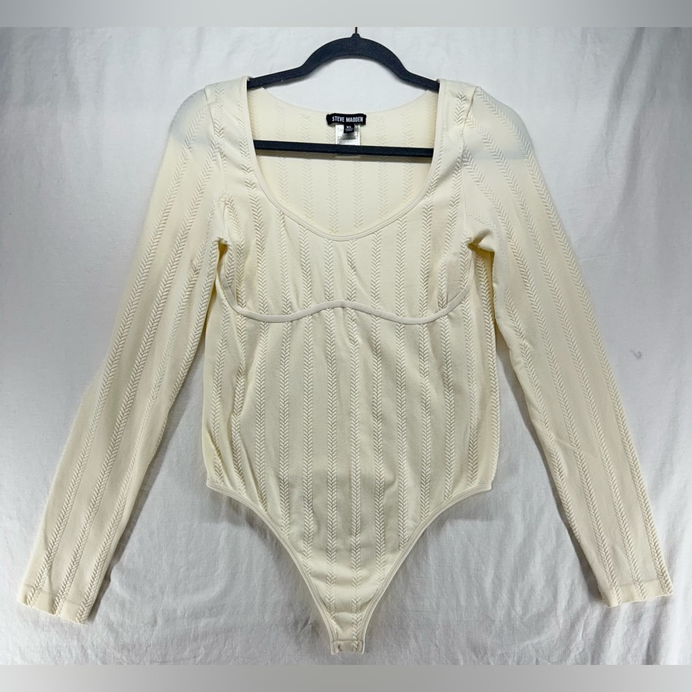 Steve Madden Long Sleeve Bodysuit Cream Womens‎ XL Herringbone Scoop Neck